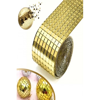 Gold Renk Aynalı Mozaik Taşlı Kare Dekor Süsleme Bandı 3D Aynalı Sticker Bant (1Mt X 4Cm)