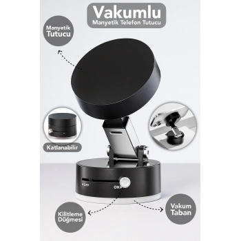 Vakumlu Telefon Tutucu - Katlanabilir Vakum Tabanlı Manyetik Araç İçi Telefon Tutacağı Siyah