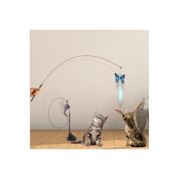 Vantuzlu Tüylü Zilli Olta Kedi Oyuncağı 2 Oltalı