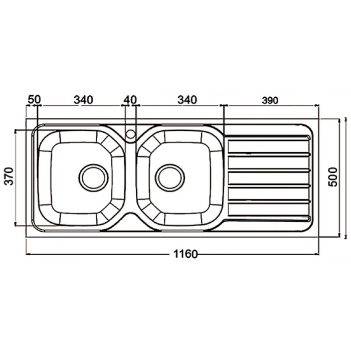 Evye Merkezi 510mmX1160mm 2 Hazneli Damlalıklı Evye