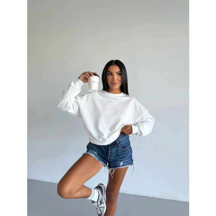 2 iplik bisiklet yaka sweat beyaz f2339