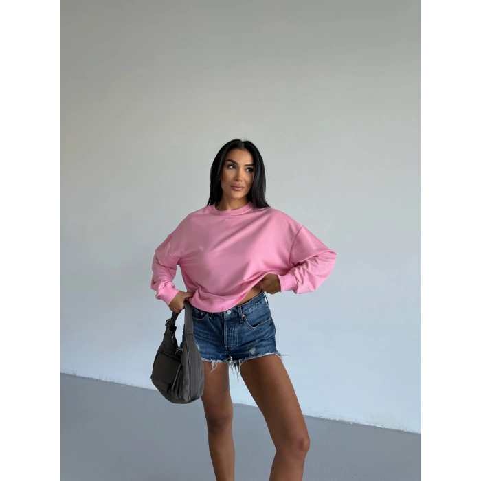 2 iplik bisiklet yaka sweat pembe f2339