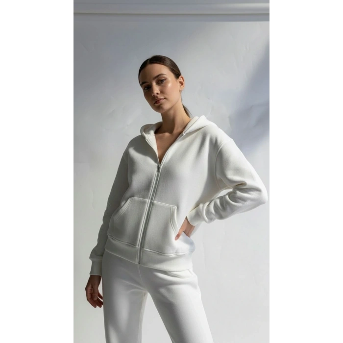 3 iplik şardonlu kapşonlu hoodie frm beyaz p510437