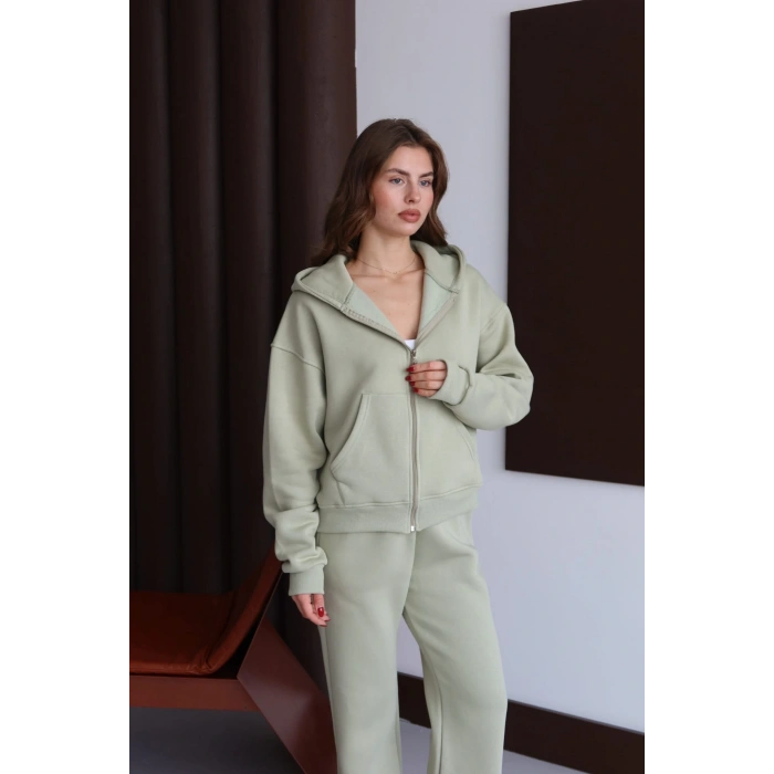 3 iplik şardonlu kapşonlu hoodie frm mint p510437