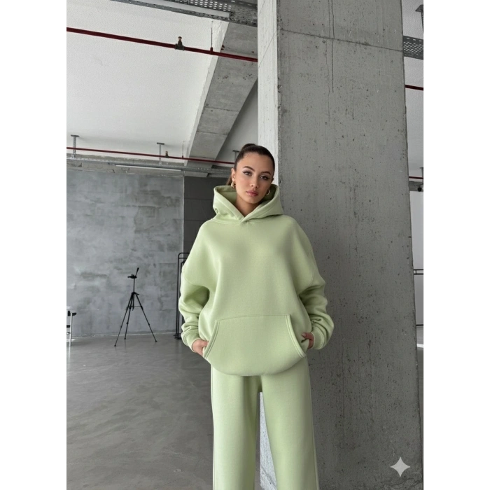 3 iplik şardonlu kapşonlu sweatshirt mint p510436