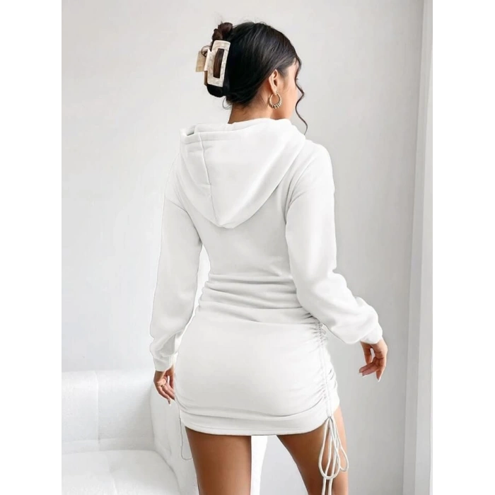 3 iplik şardonlu kapşonlu elbise beyaz