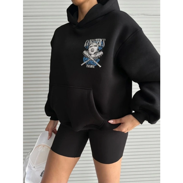 3 iplik şardonlu oversize kafa baskılı sweat siyah