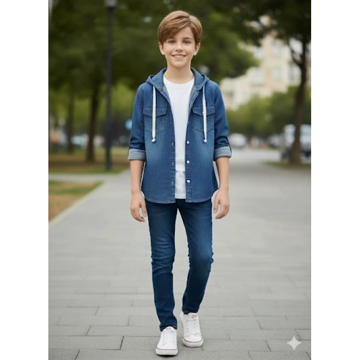 5-9 yaş arası erkek çocuk Kapşonlu kot ceket mavi