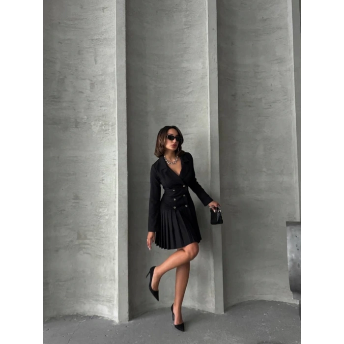 Altı piliseli uzun kollu ceket elbise siyah s255016