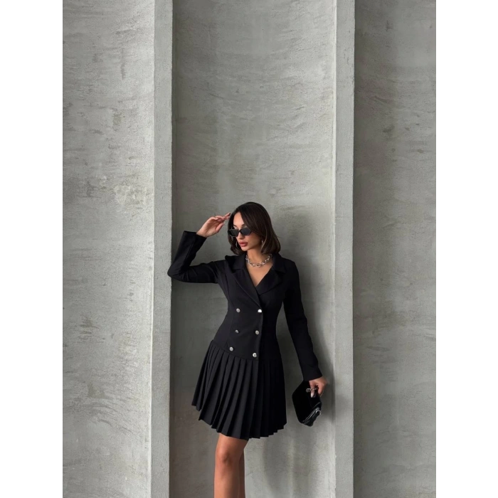 Altı piliseli uzun kollu ceket elbise siyah s255016