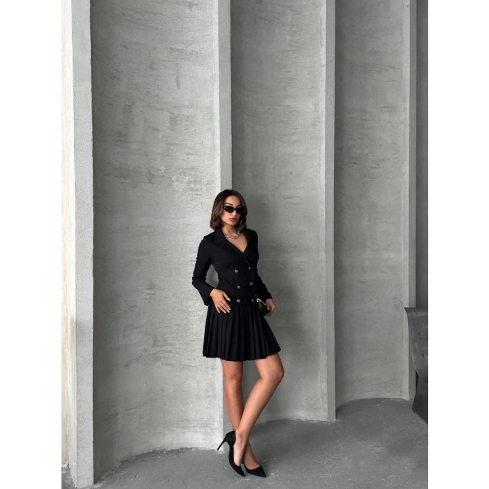 Altı piliseli uzun kollu ceket elbise siyah s255016