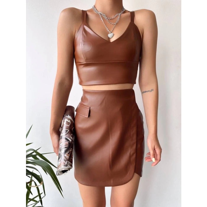 Cep detaylı oval kapaklı deri etek kahve h240048