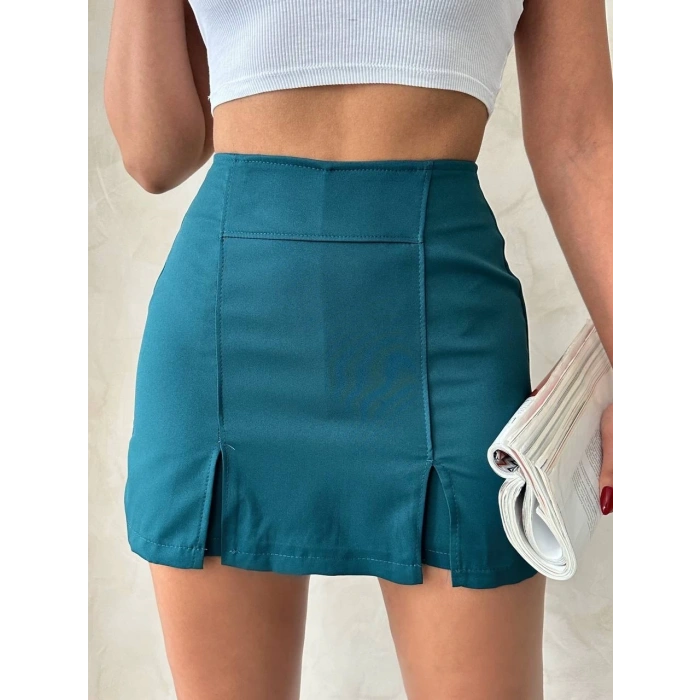 Çift yırtmaçlı atlas şort etek petrol yeşili s240364