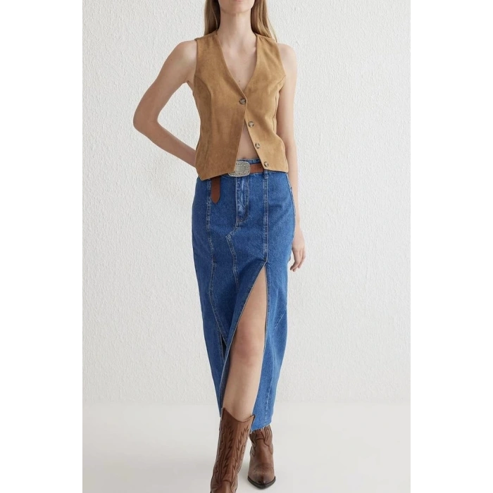 Çift yırtmaçlı jean etek s140