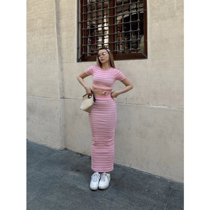 Çizgili etekli takım pembe s3609