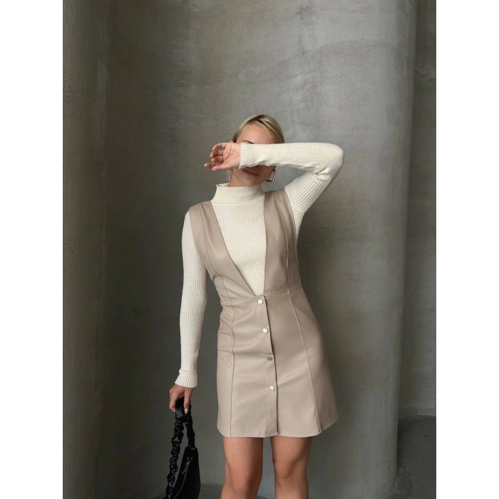 Deri jile elbise bej w24796