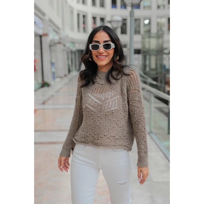 Desenli triko kazak gri