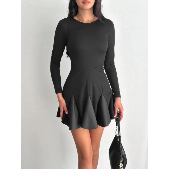 Eteği kloş crep mini elbise s1267