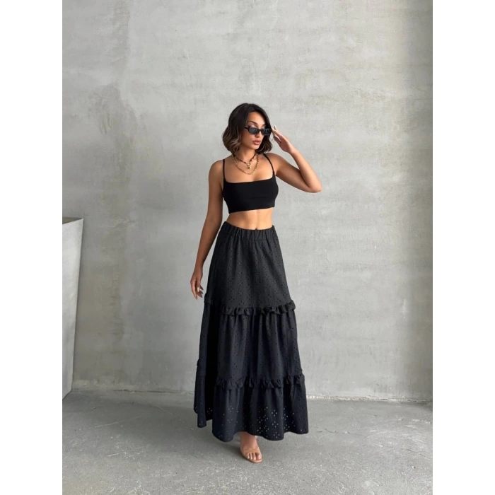 Fırfırlı brodeli astarlı uzun etek siyah s255047