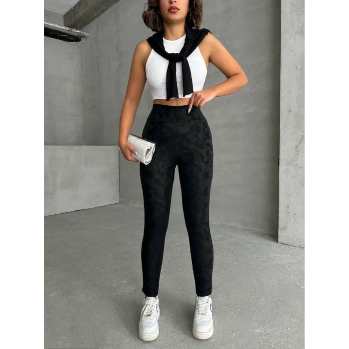 Gizli yan fermuarlı bulut desenli tayt siyah h248638