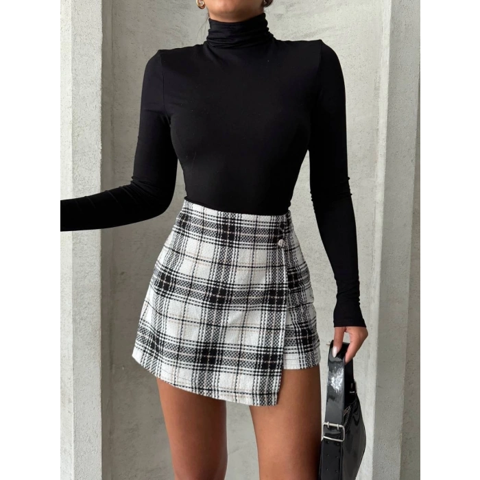 İki düğmeli şort ch kumaş etek ekoseli siyahbeyaz h26414