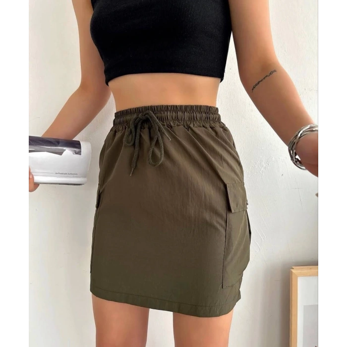 Kargo cep ince paraşüt etek haki s241019