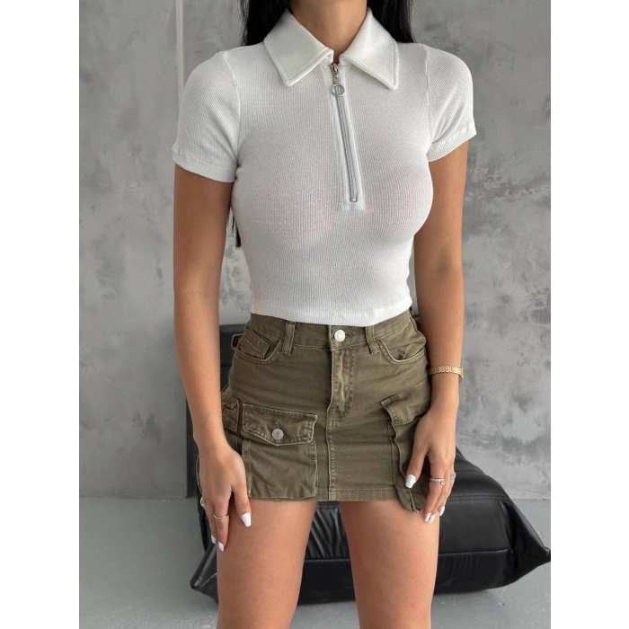 kaşkorse yaka fermuarlı bluz beyaz