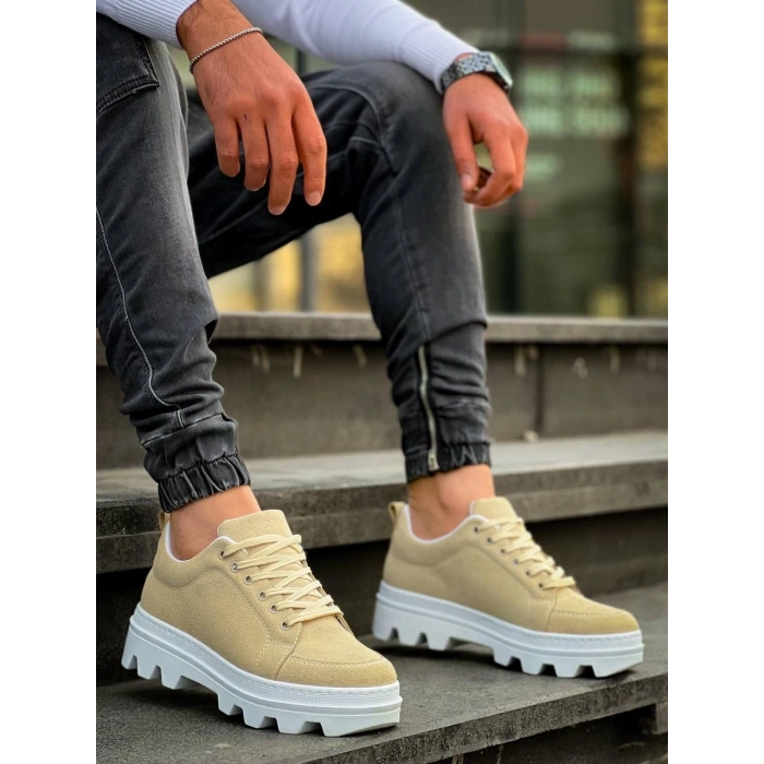 KB-056 Kuback Bej Süet Beyaz Yüksek Taban Günlük Spor Ayakkabı