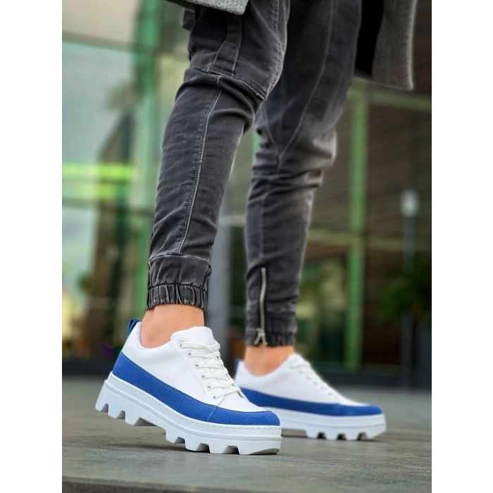 KB-056 Kuback Beyaz Mavi Detaylı Beyaz Yüksek Taban Günlük Spor Ayakkabı