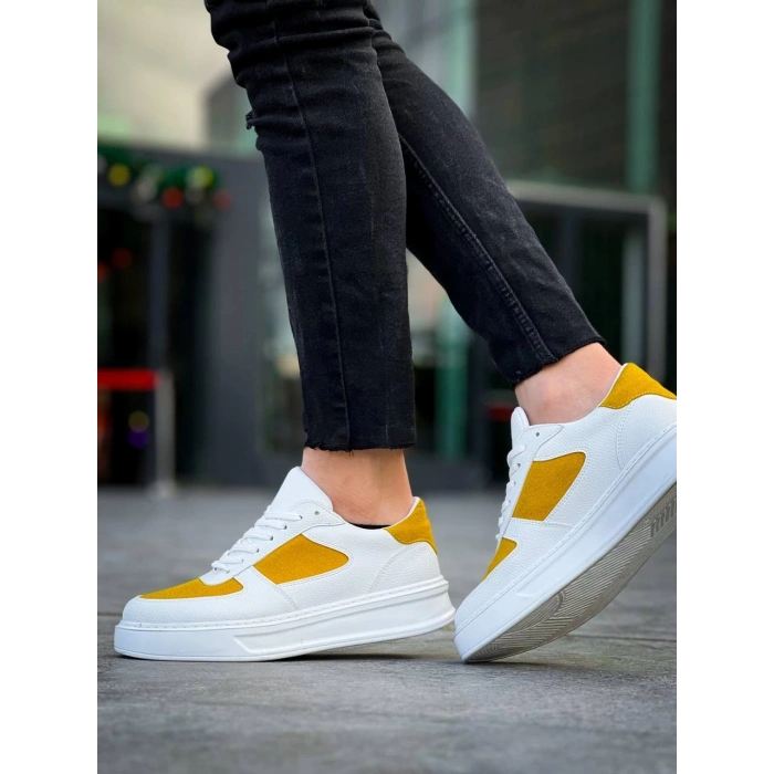 KB-X8 Kuback Beyaz Cilt Sarı Süet Detaylı Beyaz Yüksek Taban Günlük Spor Ayakkabı