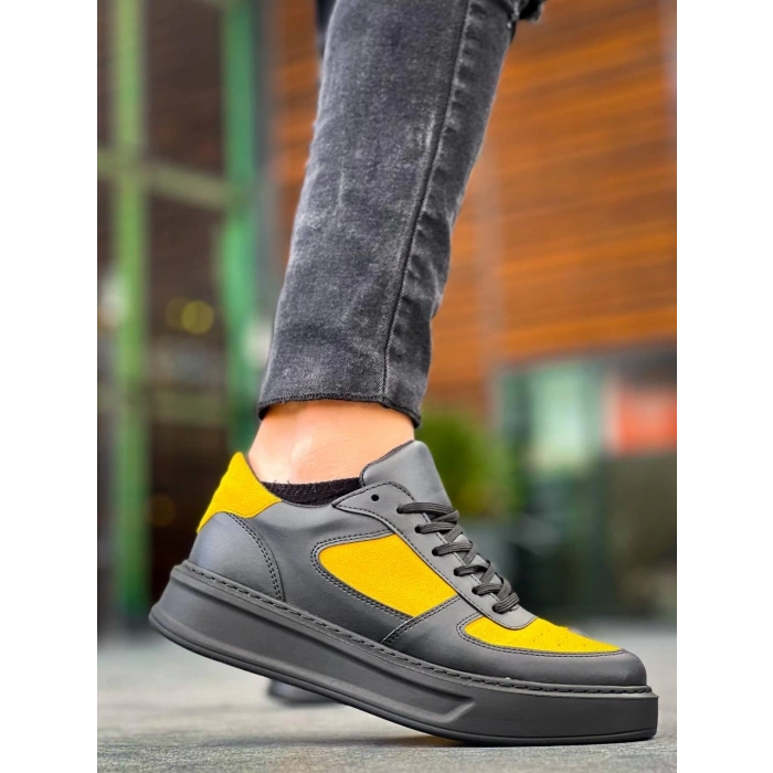KB-X8 Kuback Siyah Sarı Cilt Yüksek Taban Günlük Spor Ayakkabı
