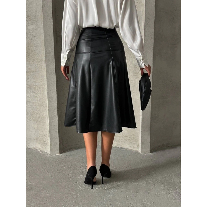 Komple parçalı deri etek siyah h26441
