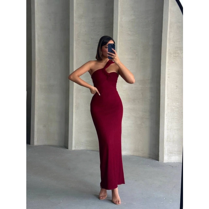 Krinkıl tek omuz uzun elbise bordo s25455