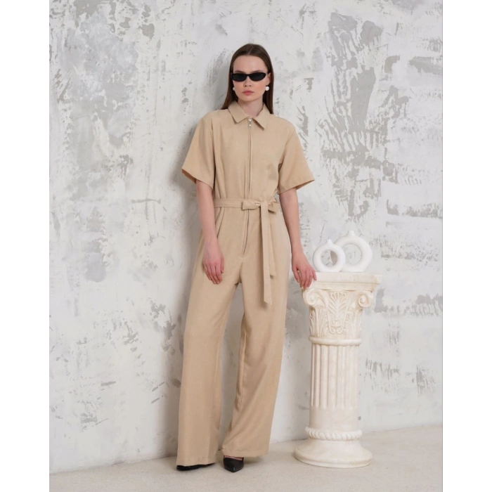 Kuşaklı gömlek yaka salaş tulum bej s255822