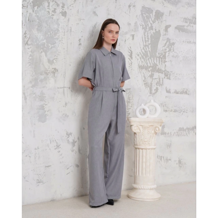 Kuşaklı gömlek yaka salaş tulum gri s255822