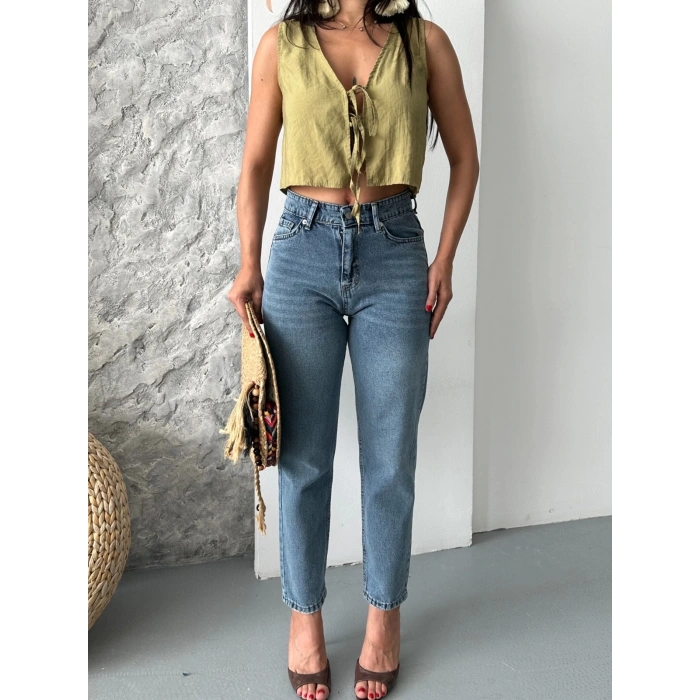 Mom fit bıyık kar yıkama jeans pantolon koyu mavi d2006