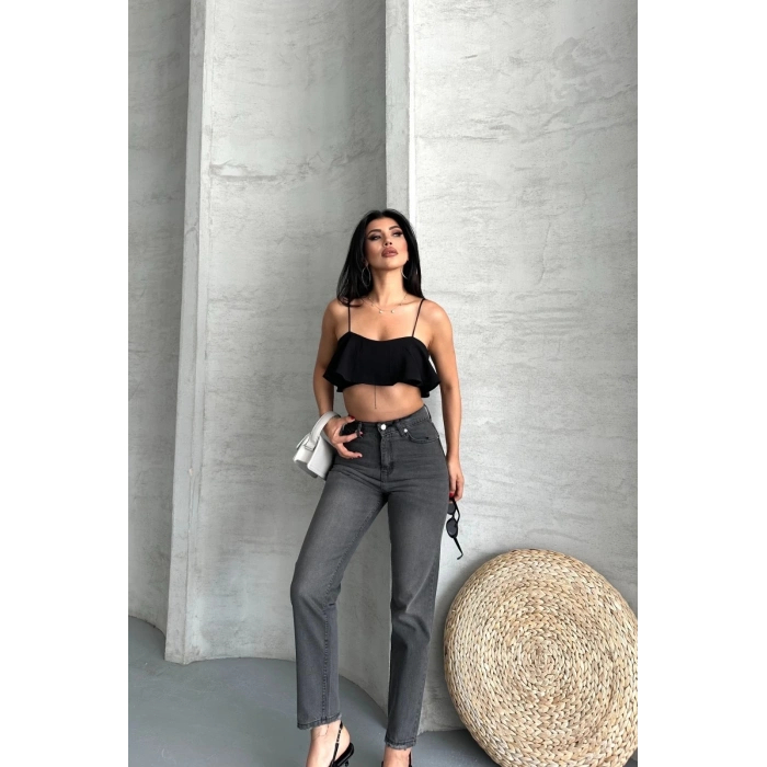 Mom fit enzim taş yıkama jeans pantolon füme d2006