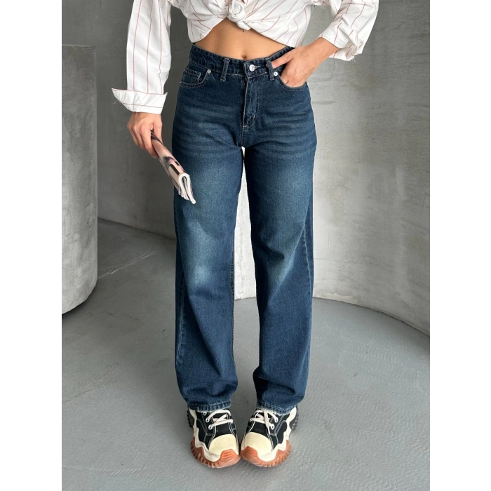 Palazzo bıyık enzim yıkama jeans pantolon koyu mavi d2008