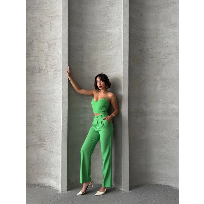 Palazzo pantolonlu alt üst takım yeşil