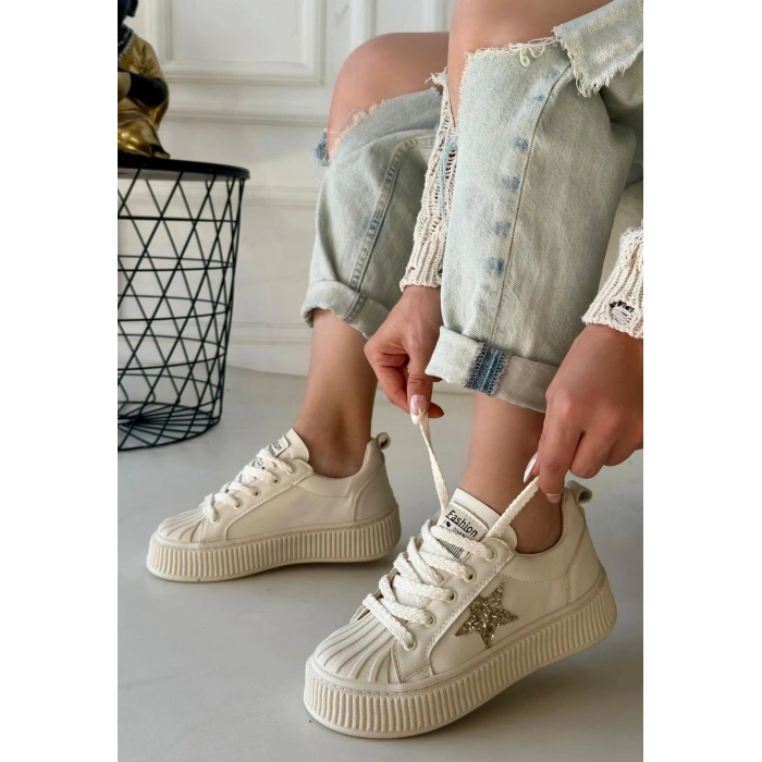 Piata Bej Cilt Bej Tabanlı Bağcıklı Spor Ayakkabı