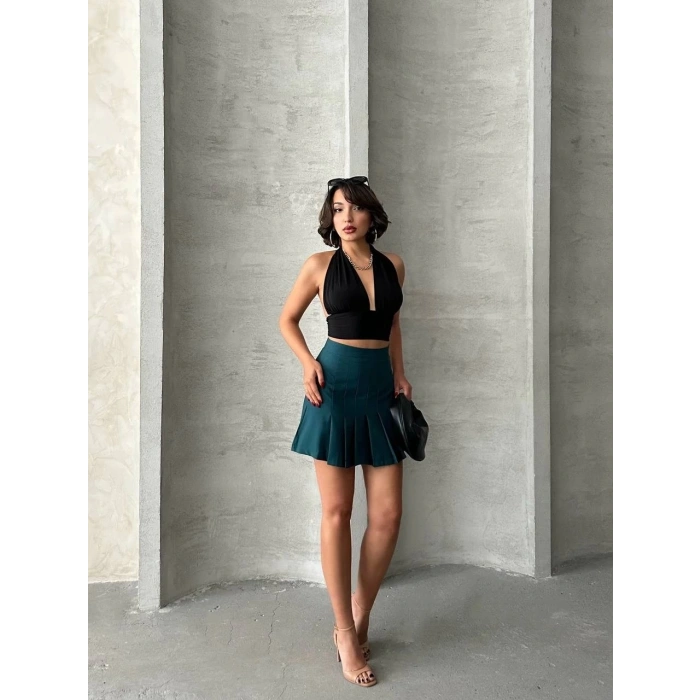 Pileli düğmeli etek yeşil s24811