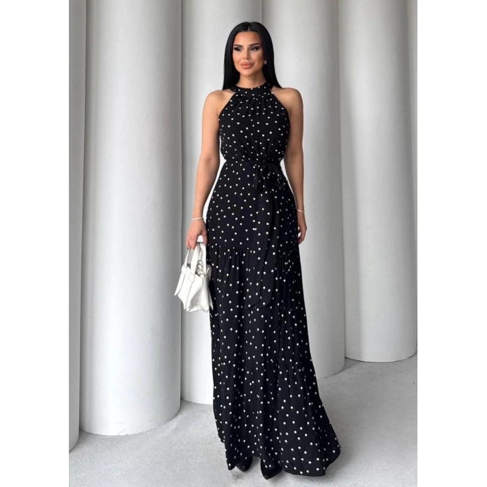 Puantiyeli yırtmaçlı elbise N4233