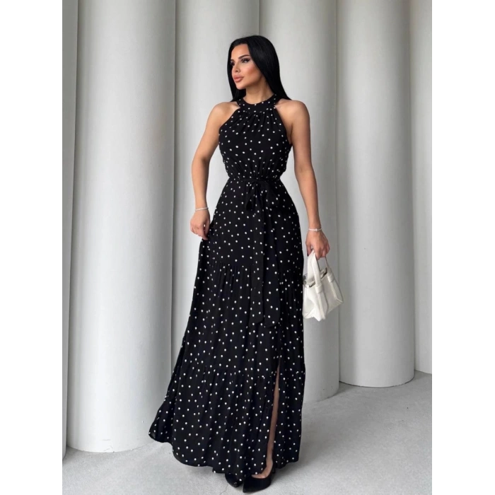 Puantiyeli yırtmaçlı elbise N4233