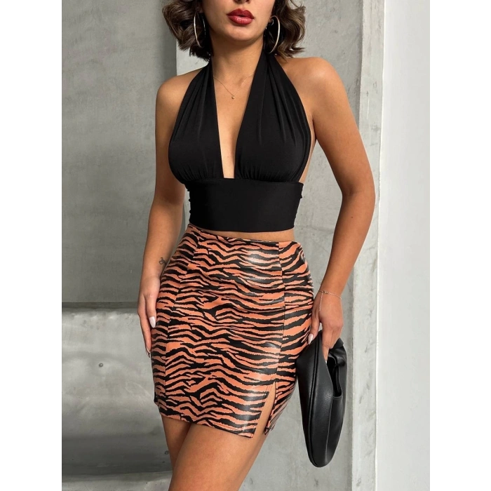 Tek yırtmaçlı zebra desenli deri etek kahvesiyah w24475-S