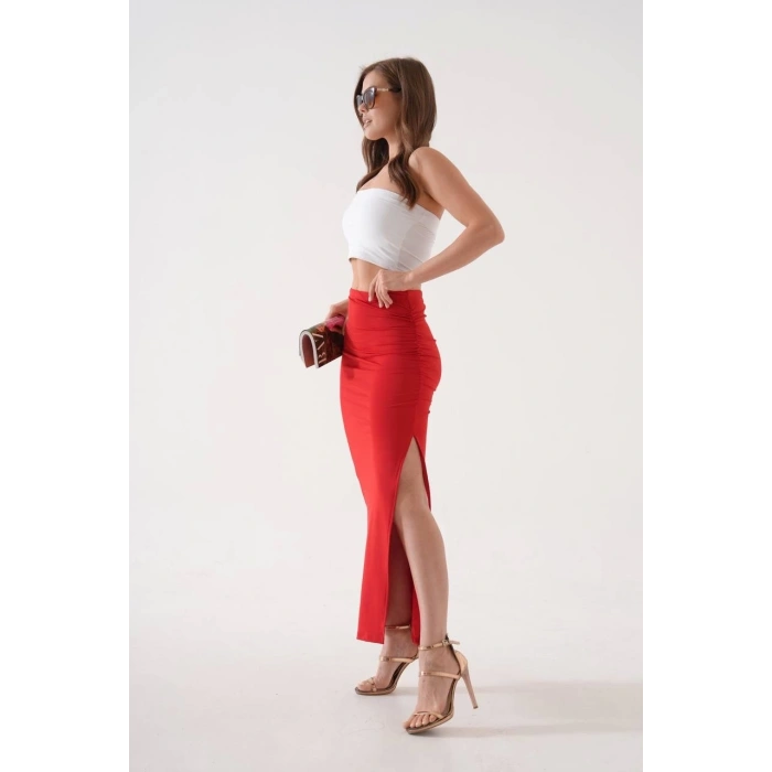 Uzun yırtmaçlı ince kumaş etek kırmızı