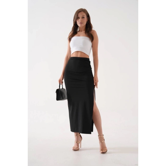 Uzun yırtmaçlı ince kumaş etek siyah