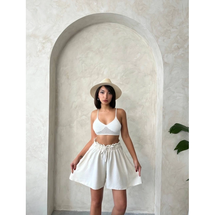 Volanlı keten şort bej s255058