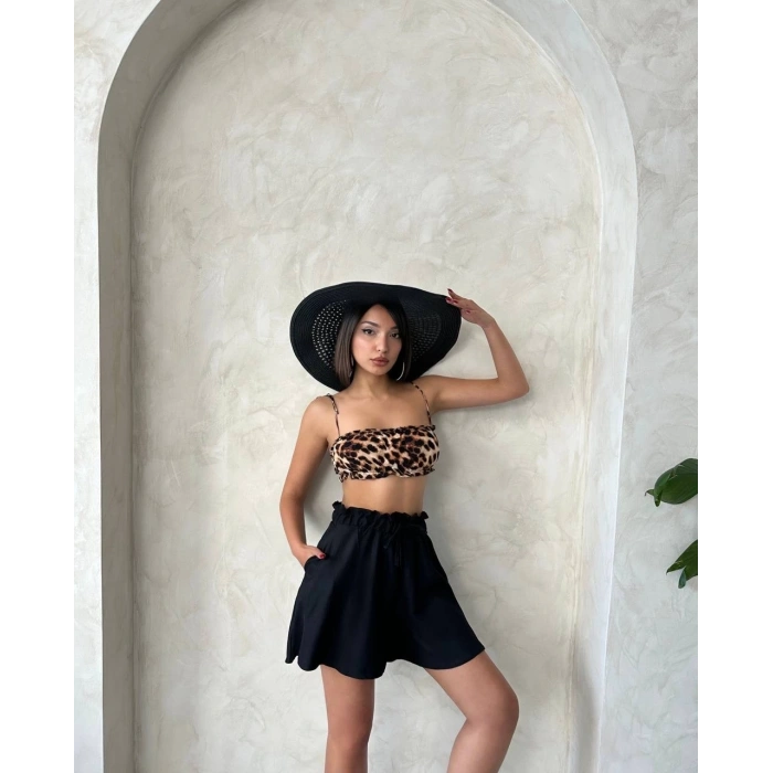 Volanlı keten şort siyah s255058