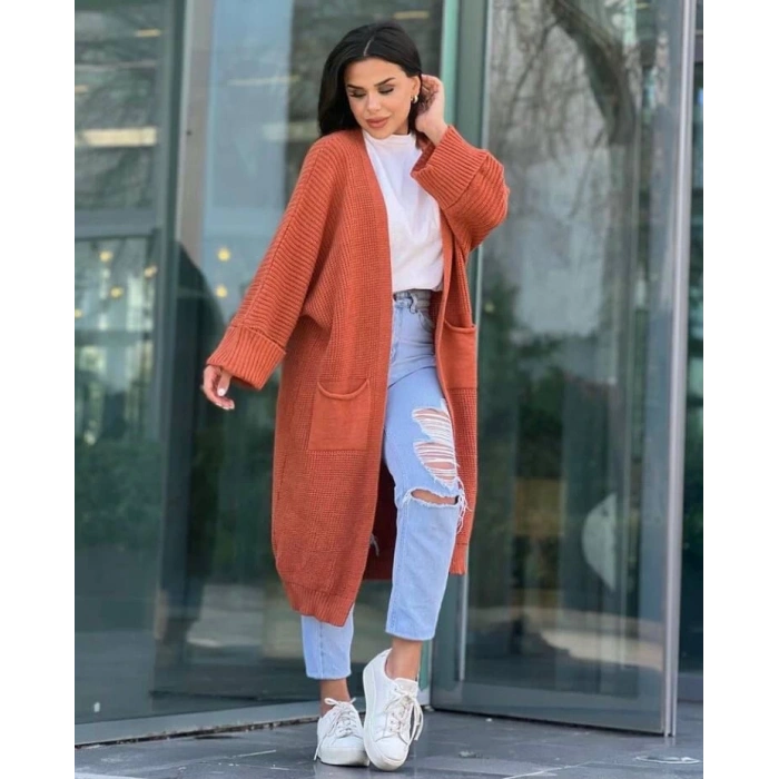 Yarasa kol uzun triko hırka kremit