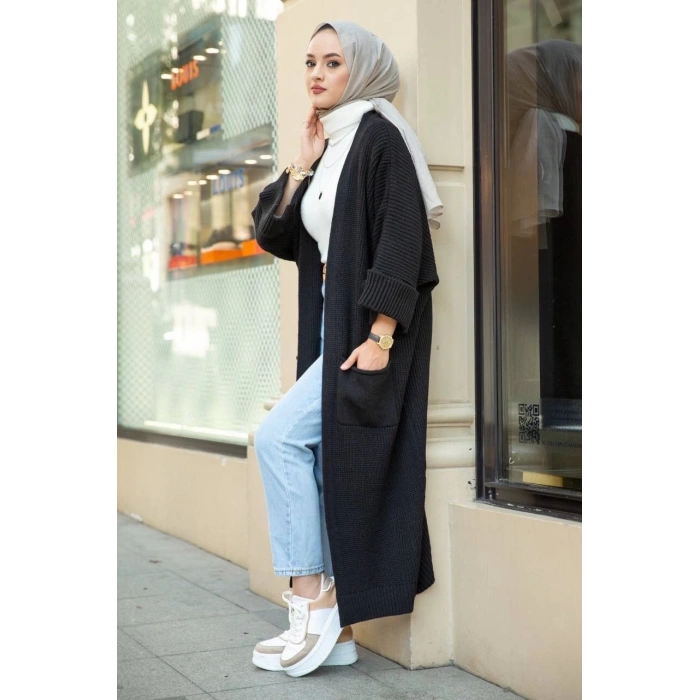 Yarasa kol uzun triko hırka siyah